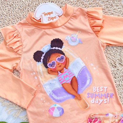 Linha Praia - Blusa com Proteção UV50+ e Calcinha Garotinha Best Summer Days - Laranja